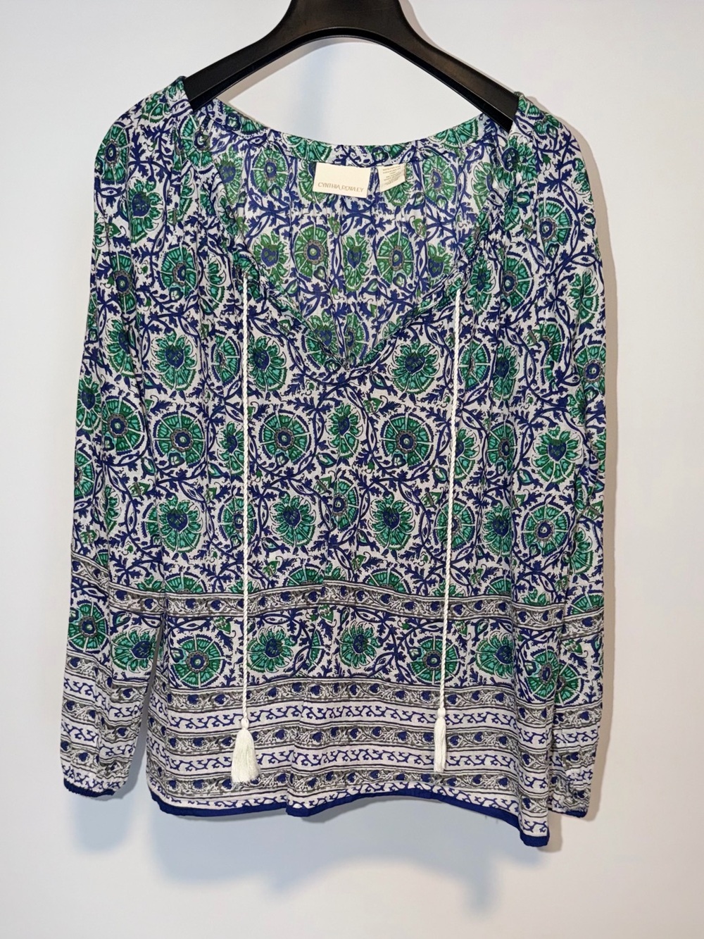 Cynthia Rowley Green & Blue Medallion Tie-Front Peasant Blouse